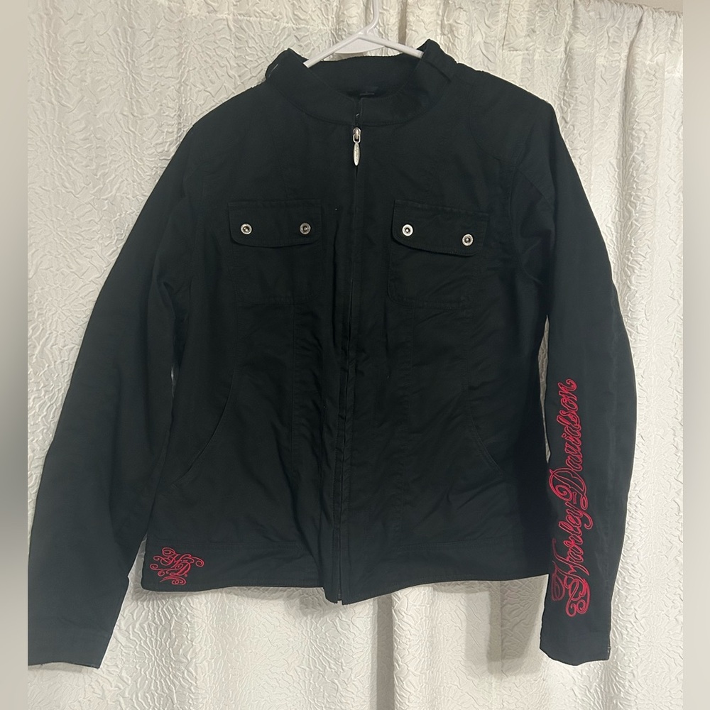 Black Women's Zip Jacket with Red Script Detail